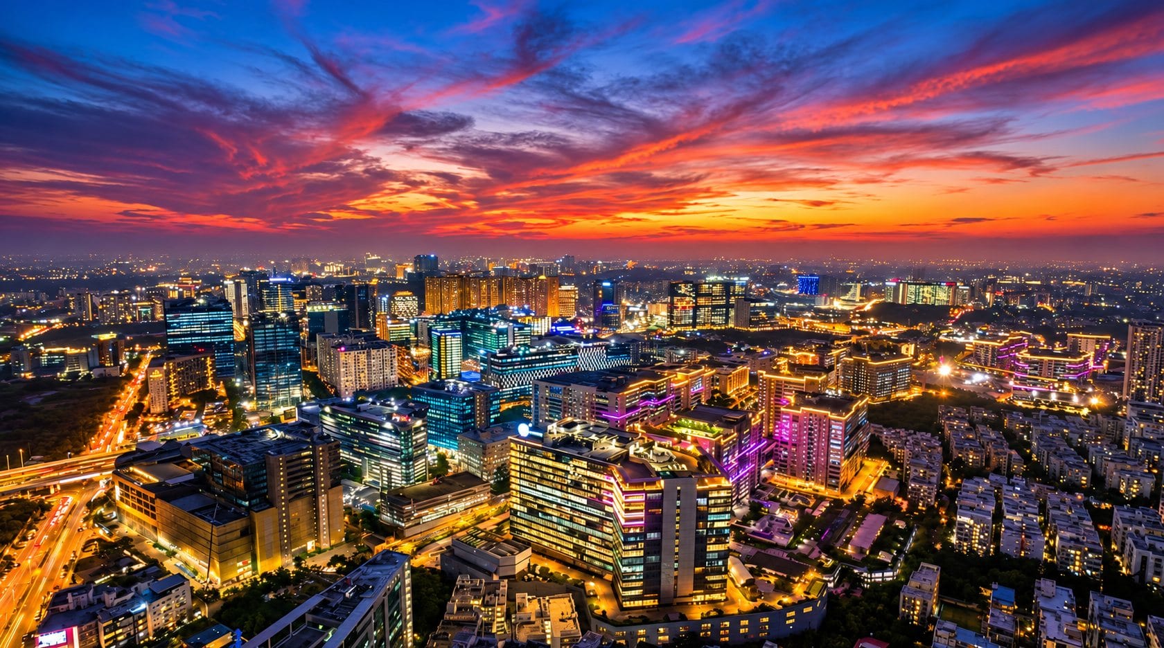 Hyderabad's western technology corridor at dusk